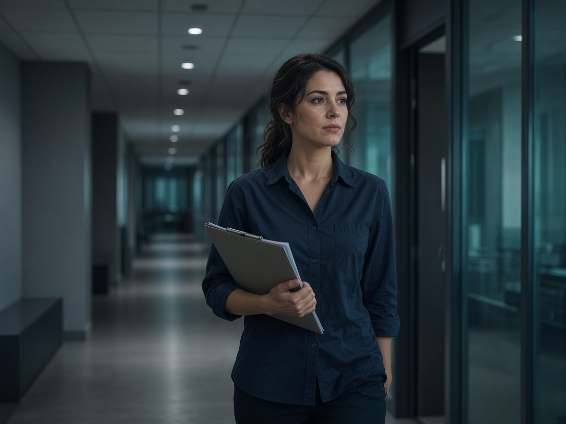 Catherine Powell walking an after-hours office corridor with a closer log